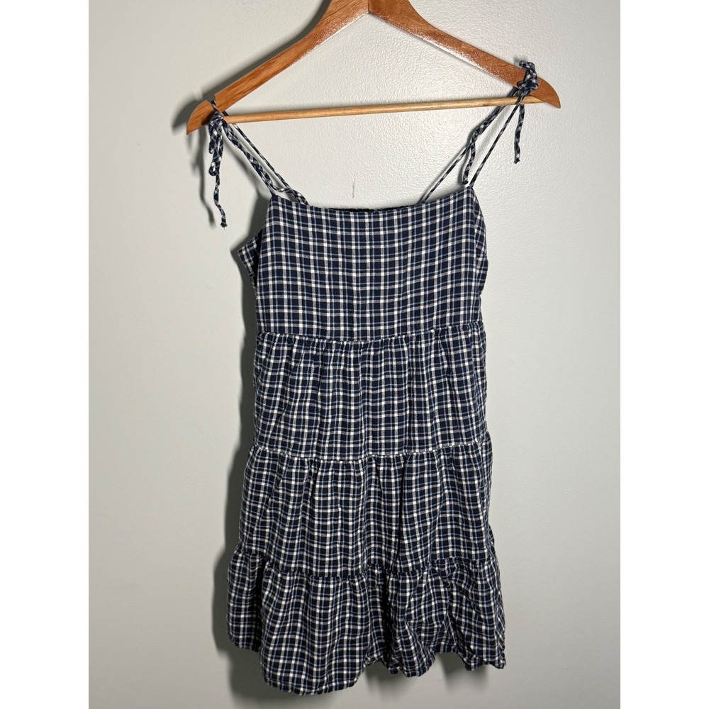 Abercrombie & Fitch Navy Blue Plaid Tiered Mini Dress Tie Strap Smocked Medium